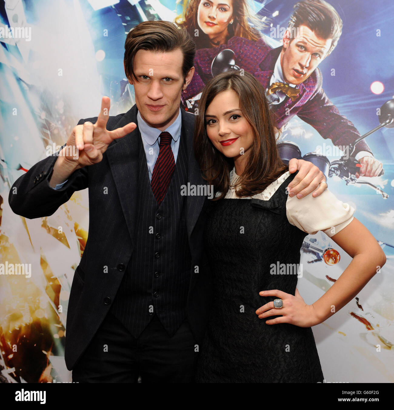 Matt Smith (a sinistra) e Jenna-Louise Coleman durante una fotocellula ad una proiezione stampa del nuovissimo episodio Doctor Who. Foto Stock