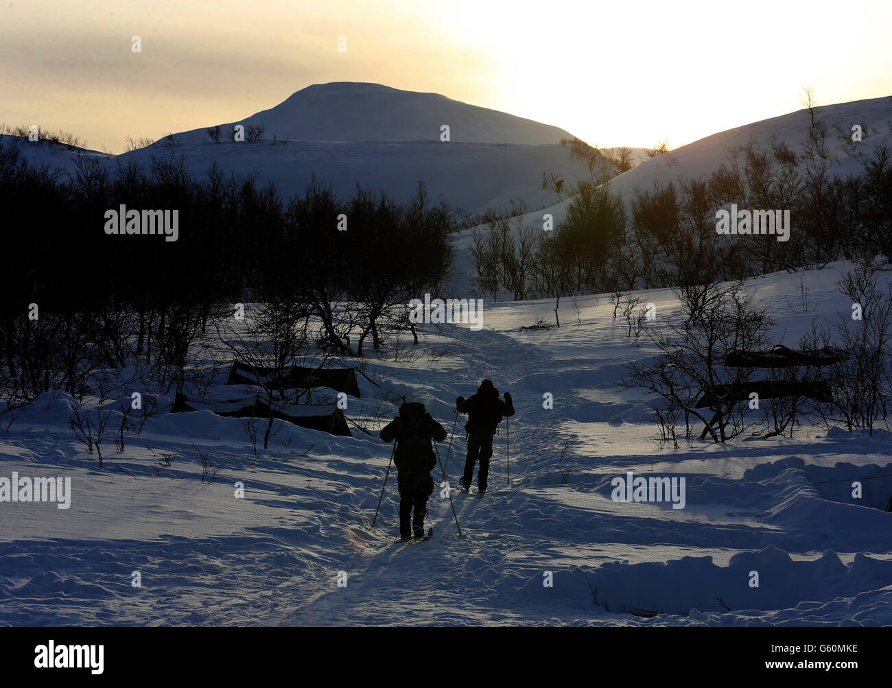 Marines sci durante l'esercizio Hairspring 2013 che si concentra sulla sopravvivenza a basse temperature e addestramento di guerra per i registi di Marines Commando Reserviss nella catena montuosa vicino a Porsanger Garrison vicino a Lakselv, Norvegia. Foto Stock