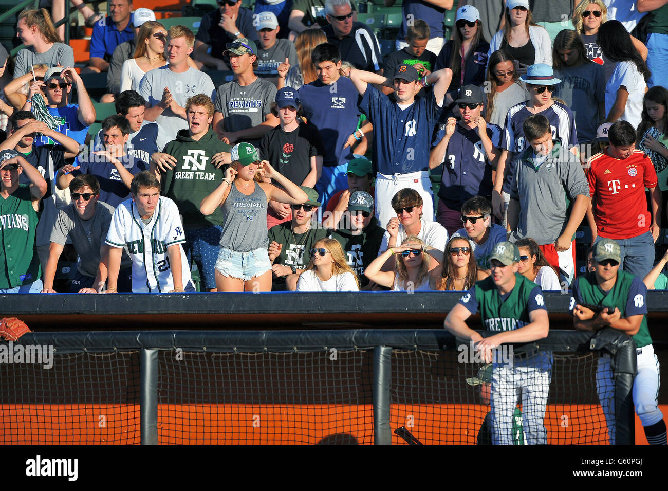 I giocatori a guardare la partita dalla panchina ringhiera fornire un contrasto con l'entusiasmo da parte degli studenti alle loro spalle. Schaumburg, Illinois, Stati Uniti d'America. Foto Stock