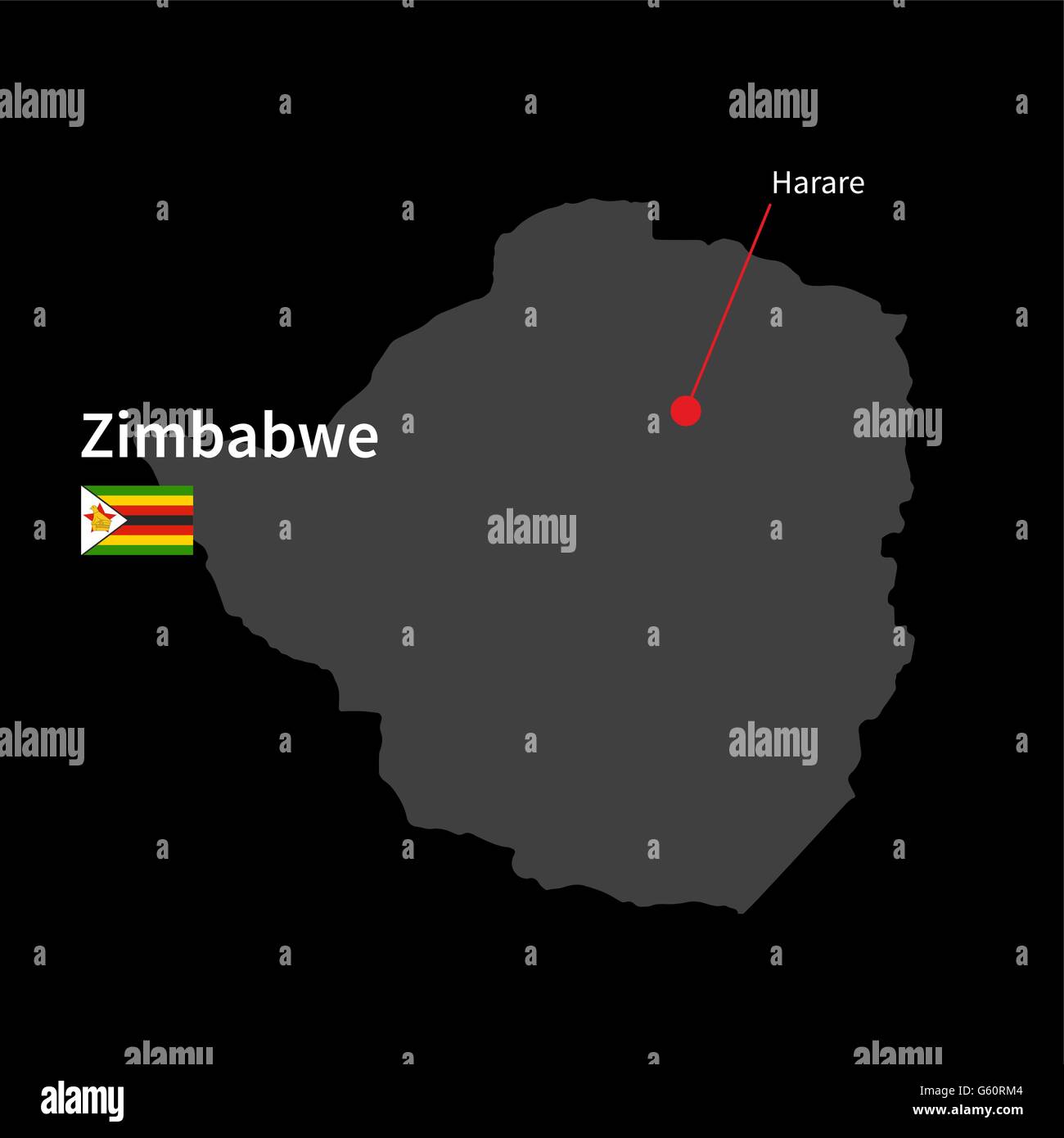 Mappa dettagliata dello Zimbabwe e la città capitale Harare con bandiera su sfondo nero Illustrazione Vettoriale