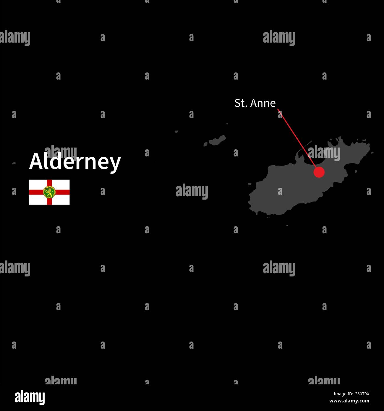 Mappa dettagliata di Alderney e città capitale St. Anne con bandiera su sfondo nero Illustrazione Vettoriale