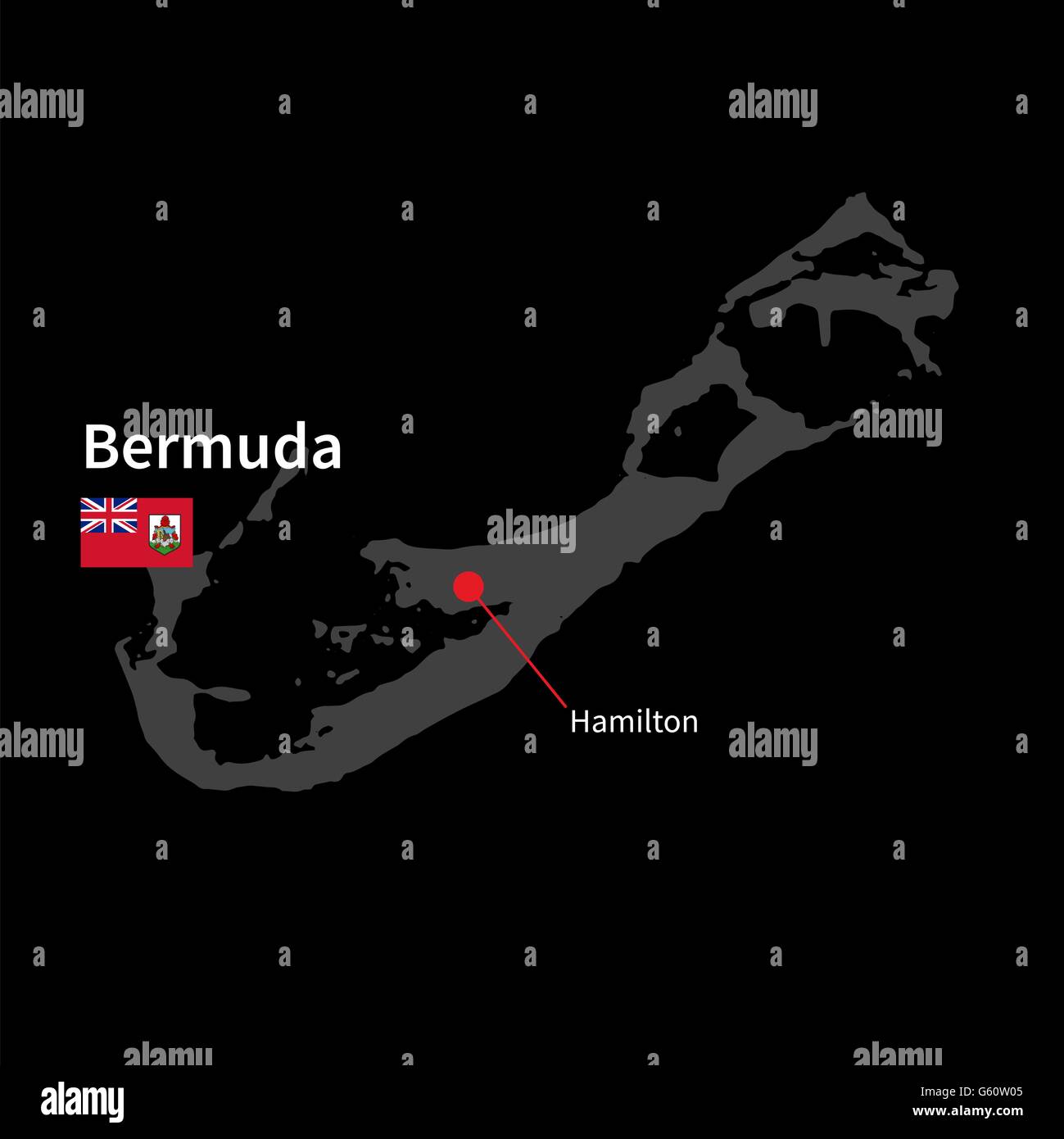 Mappa dettagliata delle Bermuda e città capitale Hamilton con bandiera su sfondo nero Immagine e Vettoriale - Alamy