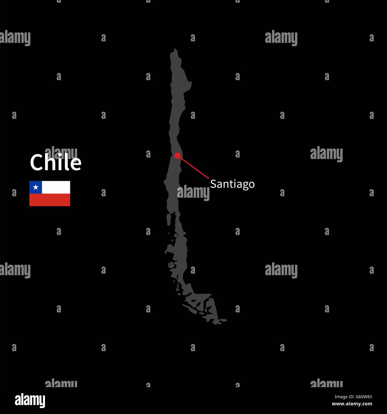 Mappa dettagliata del Cile e la città capitale Santiago con bandiera su sfondo nero Illustrazione Vettoriale
