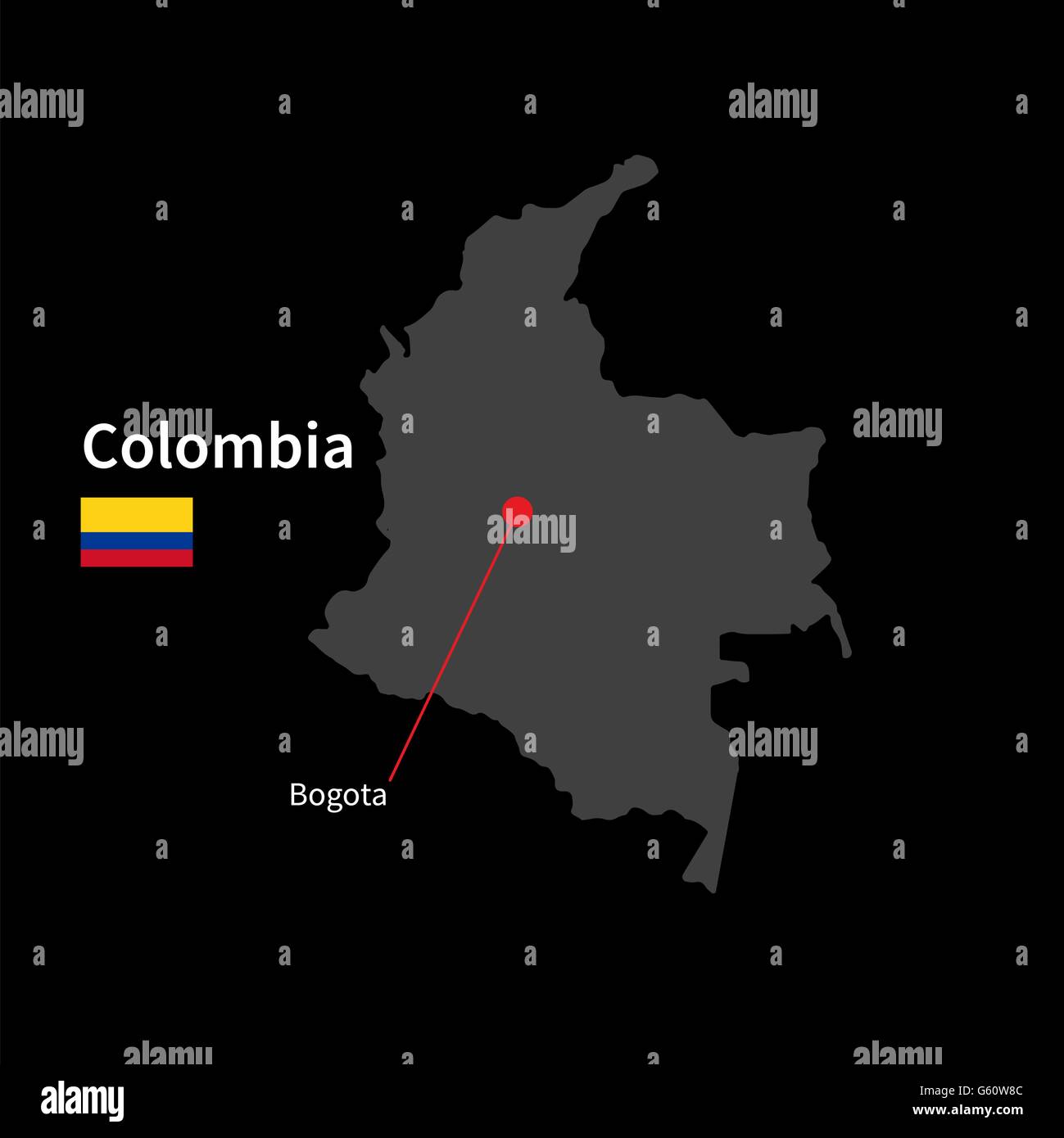 Mappa dettagliata della Colombia e la città capitale Bogotà con bandiera su sfondo nero Illustrazione Vettoriale