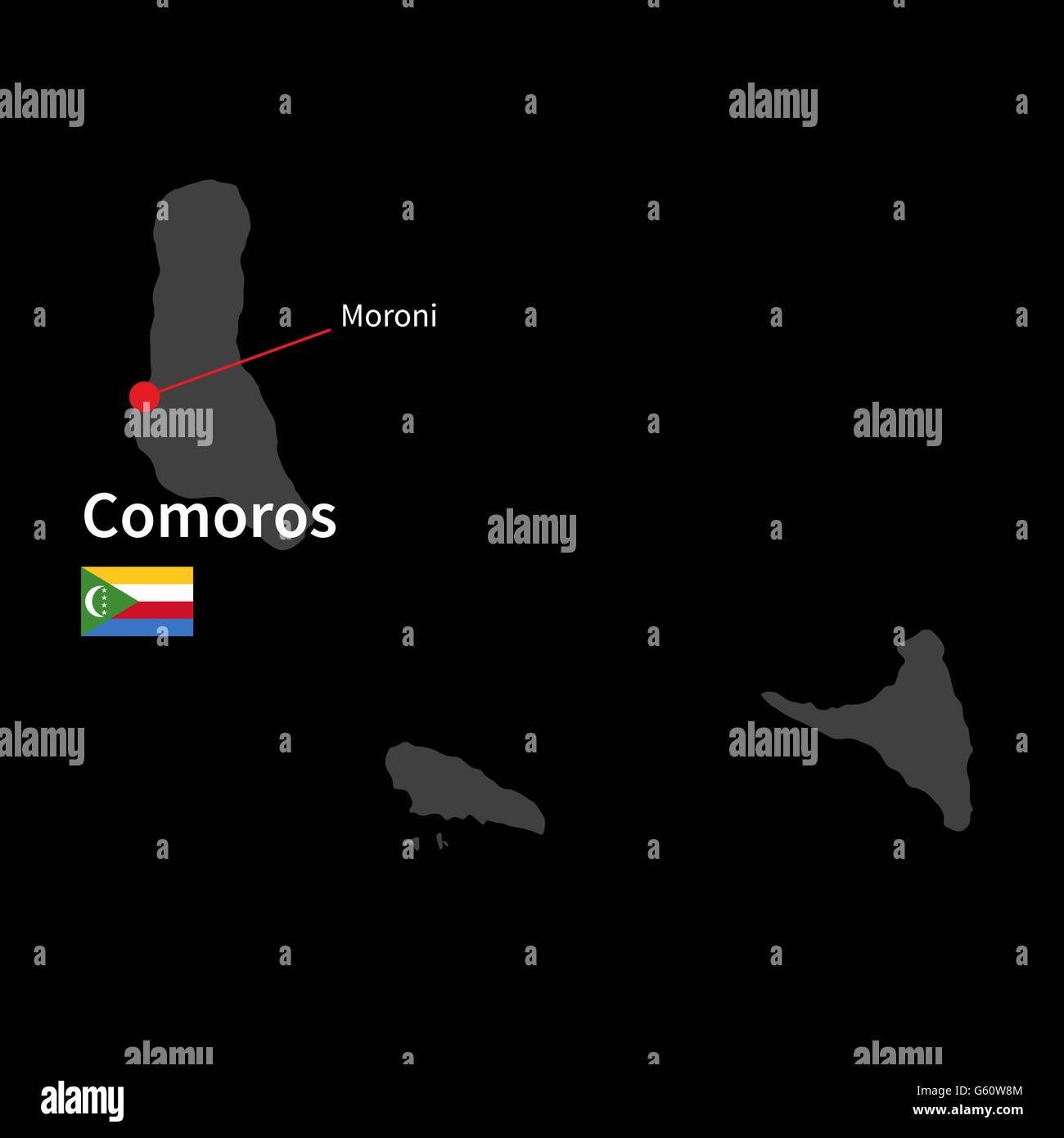 Mappa dettagliata delle Comore e città capitale Moroni con bandiera su sfondo nero Illustrazione Vettoriale