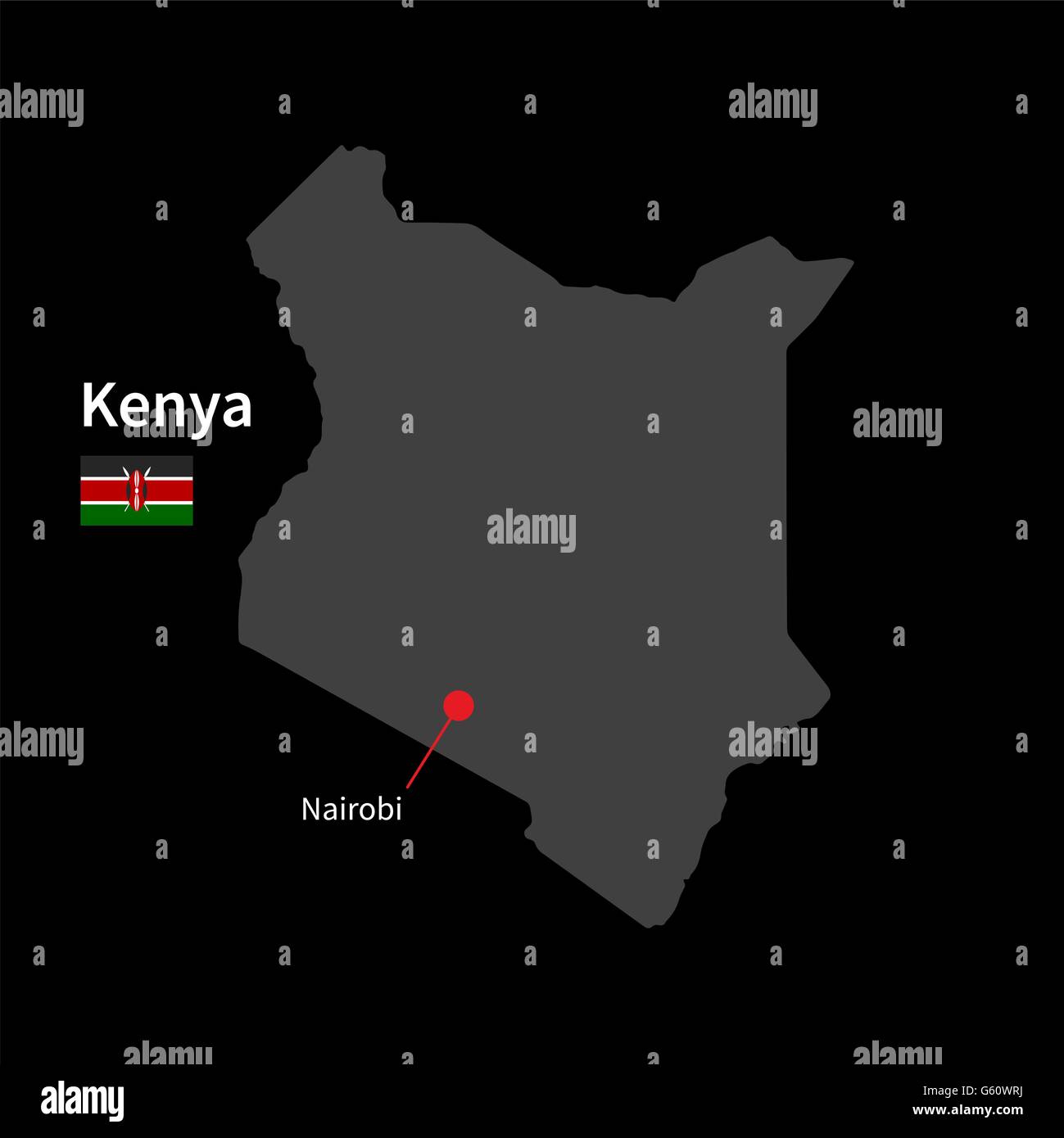 Mappa dettagliata del Kenya e la città capitale Nairobi con bandiera su sfondo nero Immagine e Vettoriale - Alamy