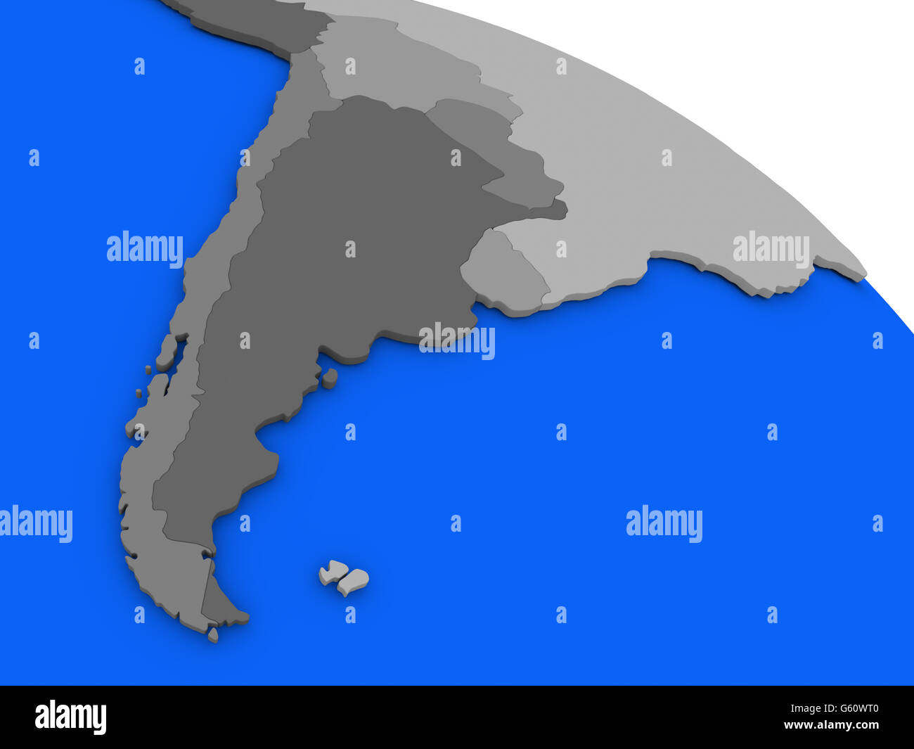 Mappa di Argentina e Cile il modello 3D di terra con paesi in varie tonalità di grigio e blu degli oceani. 3D illustrazione Foto Stock