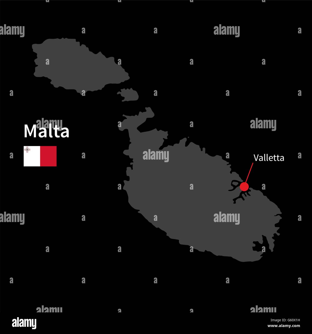 Mappa dettagliata di Malta e la città capitale La Valletta con bandiera su sfondo nero Illustrazione Vettoriale