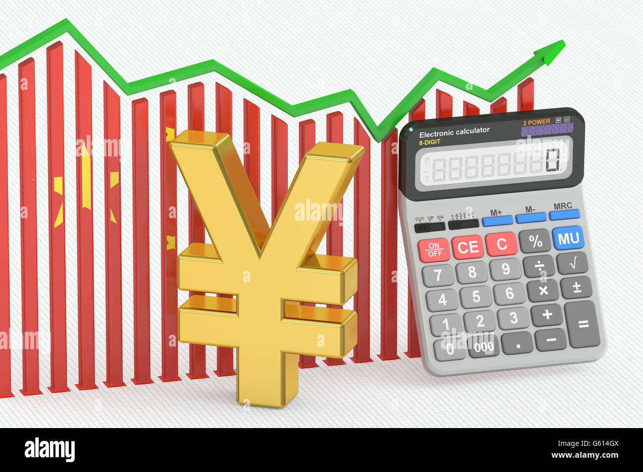 Finanza aziendale, bancarie e contabili grafico con il simbolo cinese di yen e calcolatrice. Il rendering 3D Foto Stock