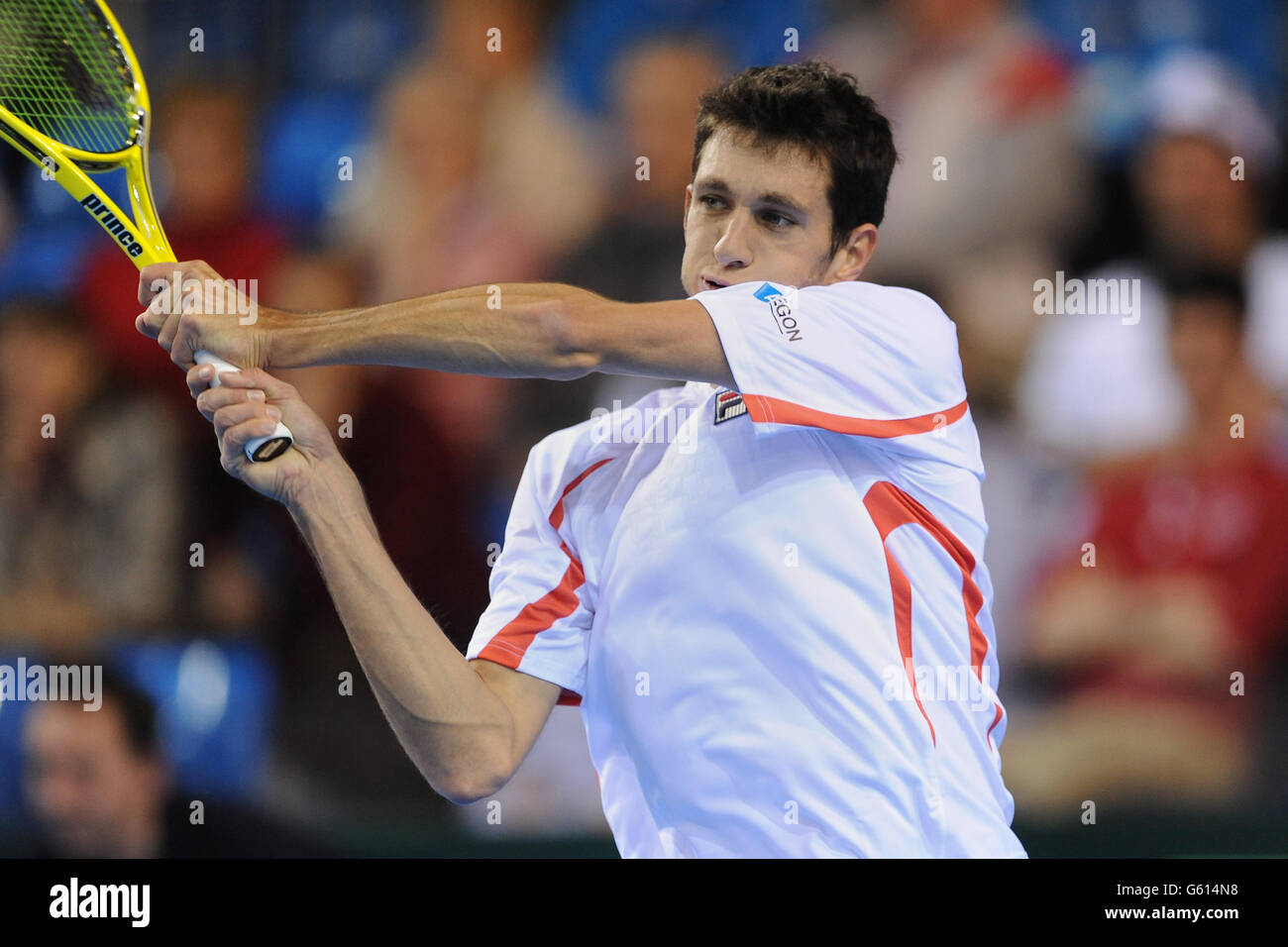 James Ward della Gran Bretagna durante la sua partita della Coppa Davis contro Evgeney Donskoy della Russia alla Ricoh Arena, Coventry. PREMERE ASSOCIAZIONE foto. Data immagine: Venerdì 5 aprile 2013. Vedi PA storia TENNIS Coppa Davis. Il credito fotografico dovrebbe essere: Joe Giddens/PA Wire Foto Stock