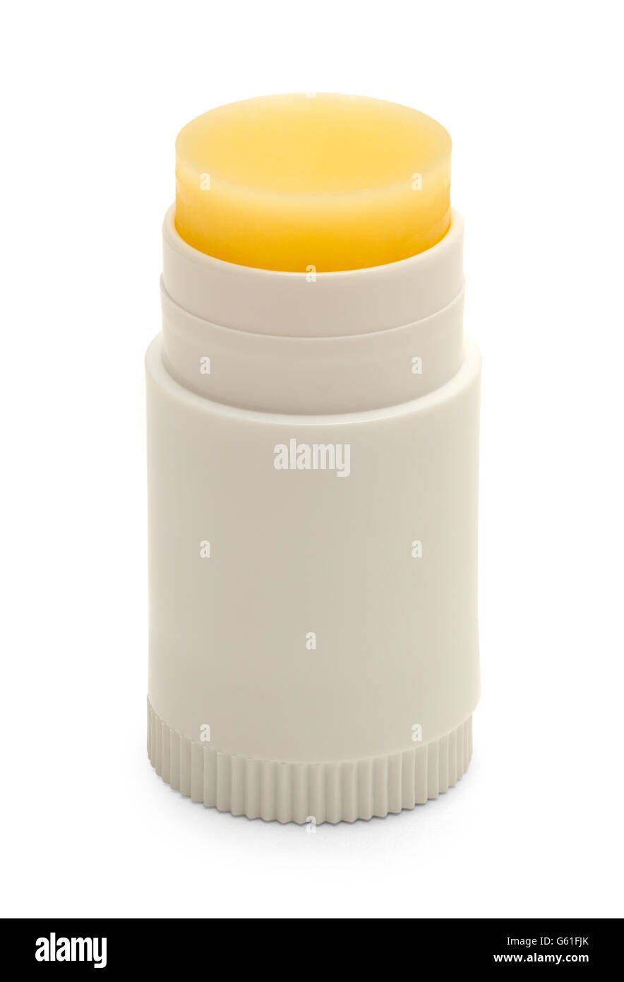 Piccolo aprire Chap stick con copia spazio isolato su sfondo bianco. Foto Stock