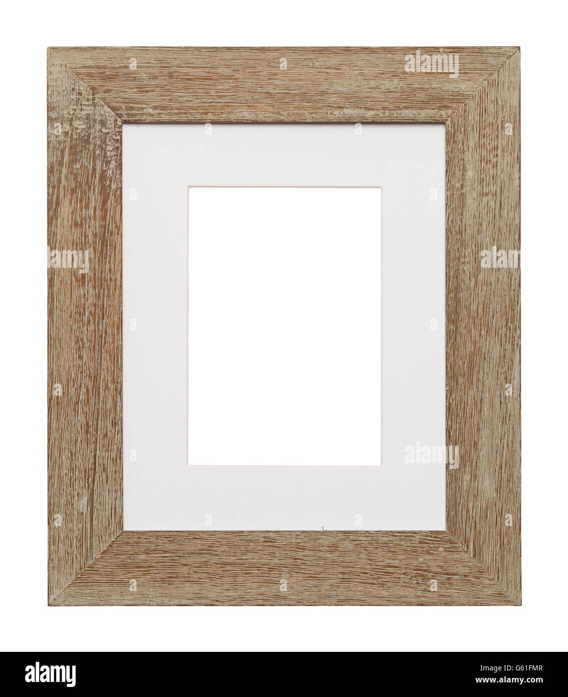 Telaio in legno con materassino bianco e copia spazio isolato su sfondo bianco. Foto Stock