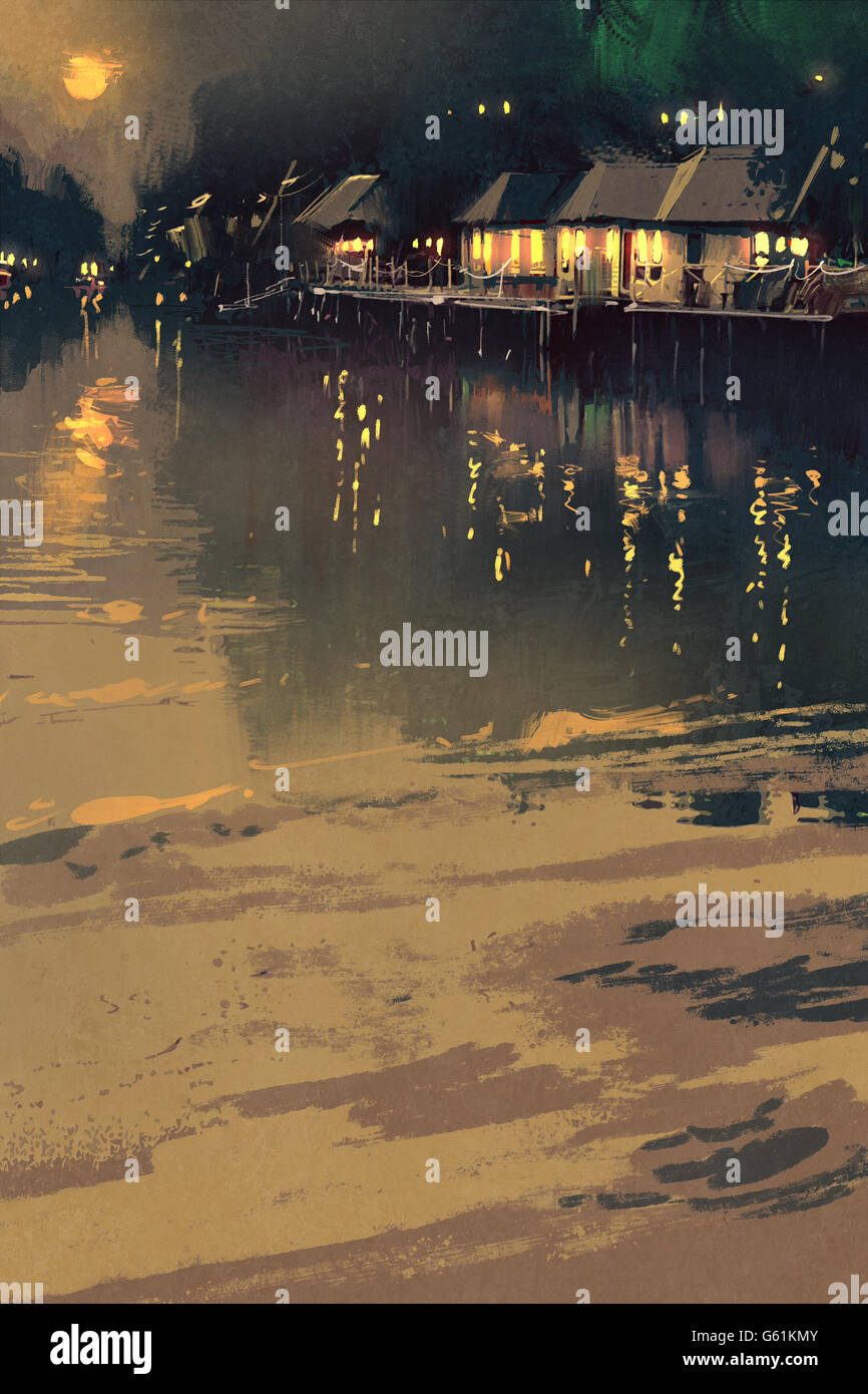 Villaggio accanto al fiume,scena notturna paesaggio, illustrazione Foto Stock