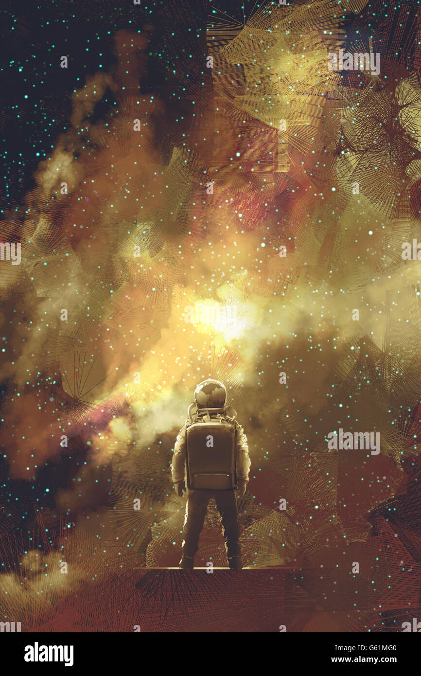 Astronauta in piedi contro l universo stelle riempito,illustrazione pittura Foto Stock