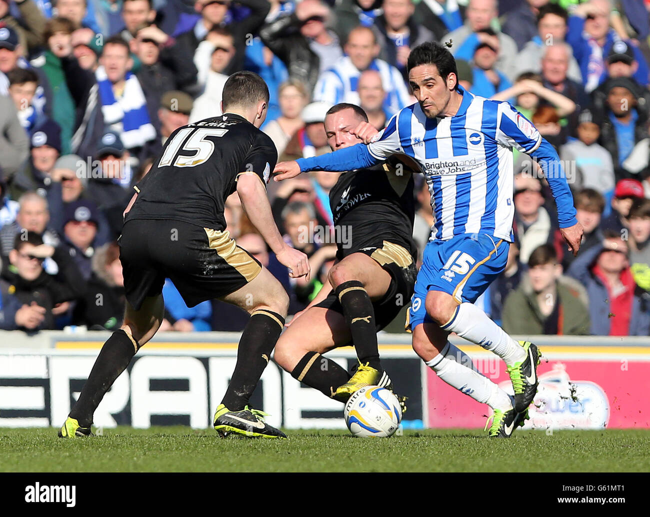 Il Vicente Rodriguez di Brighton (a destra) è sfidato da Daniel Drinkwater di Leicester e Michael Keane (a sinistra) durante la partita del campionato di calcio di Npower allo stadio AMEX di Brighton. Foto Stock