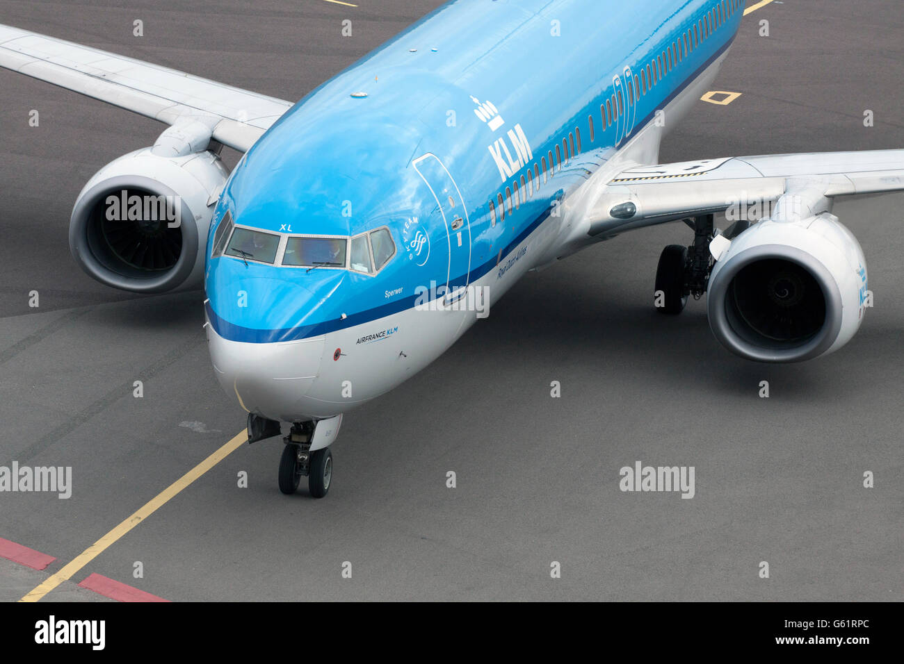 AMSTERDAM, OLANDA - Febbraio 23, 2014 anteriore di un appena arrivati blue klm aereo passeggeri in aeroporto Schiphol Foto Stock