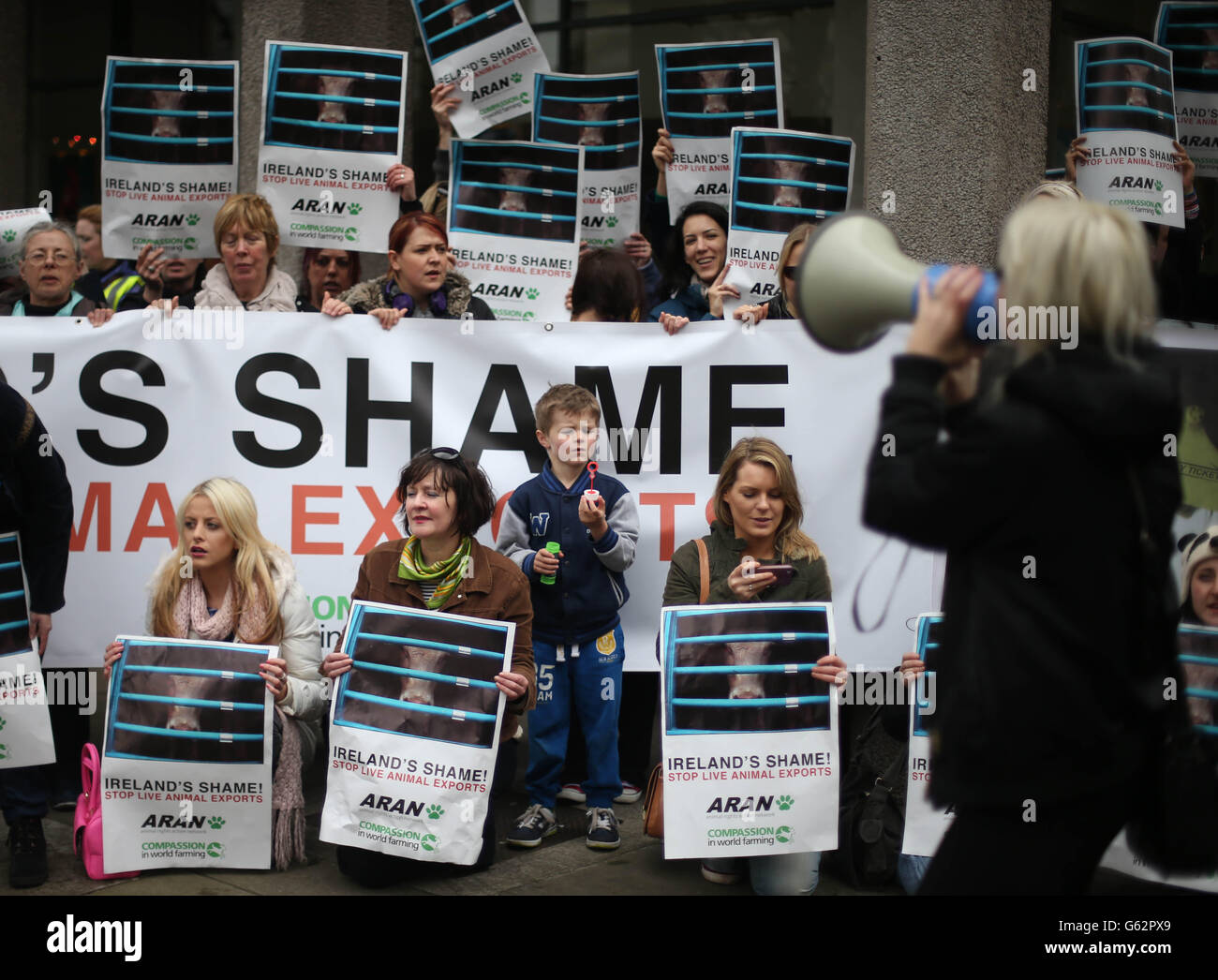 Gli attivisti della Animal Rights Action Network oggi si sono schierati contro le esportazioni vive provenienti dall'Irlanda presso il dipartimento dell'agricoltura di Dublino. Foto Stock