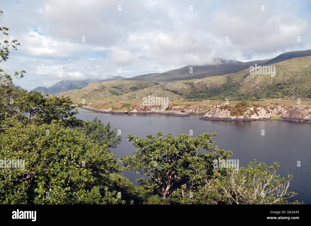 Lago Superiore (Nord punta orientale), Parco Nazionale di Killarney dal Ladies View, Ring of Kerry, Co. Kerry, Irlanda. Foto Stock