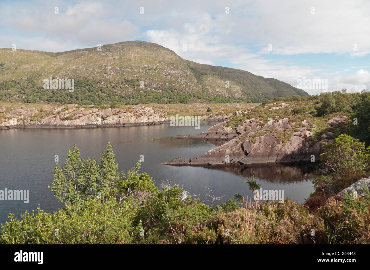 Lago Superiore (Nord punta orientale), Parco Nazionale di Killarney dal Ladies View, Ring of Kerry, Co. Kerry, Irlanda. Foto Stock