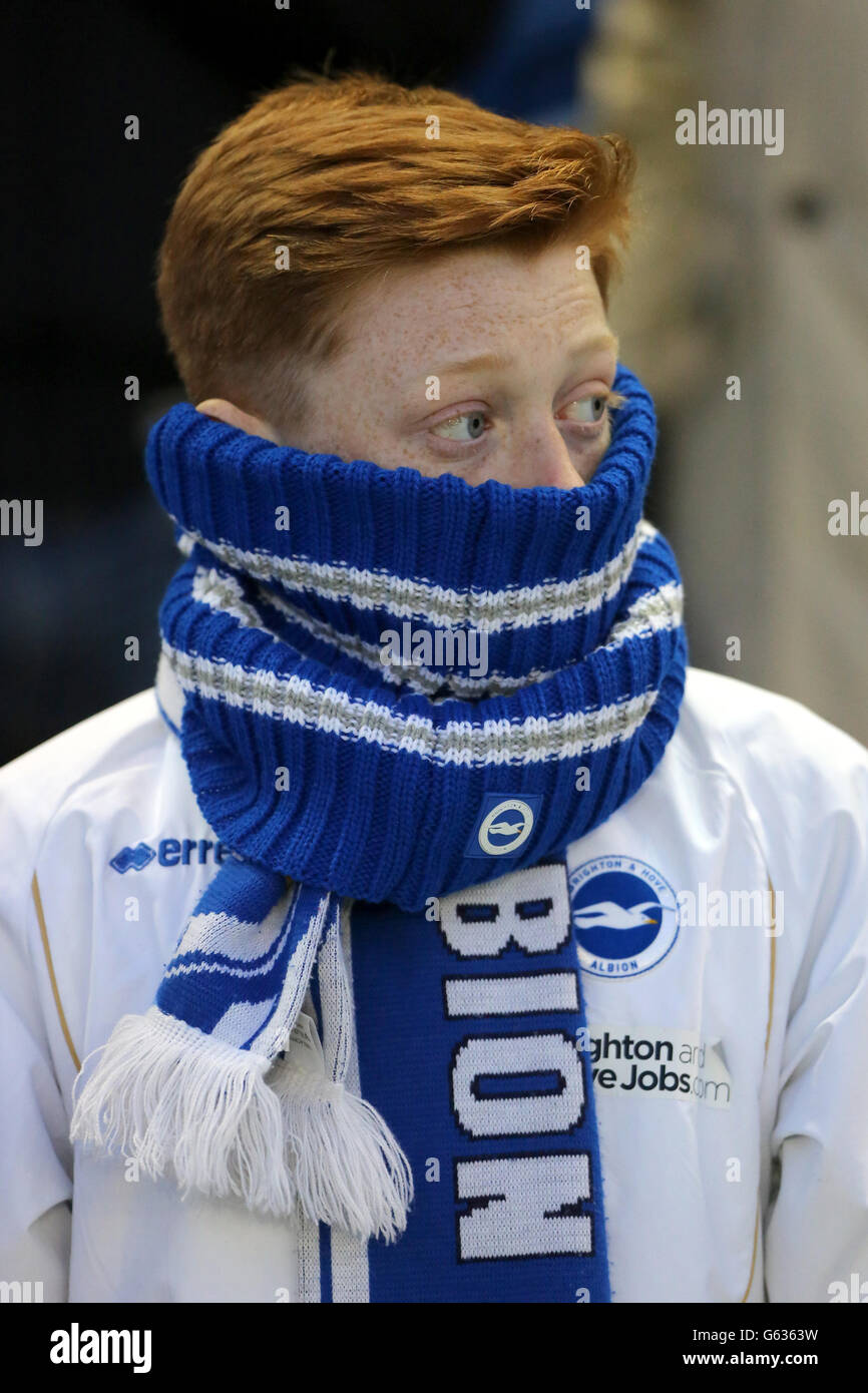 Un fan di Brighton e Hove Albion indossa una sciarpa il suo volto Foto Stock