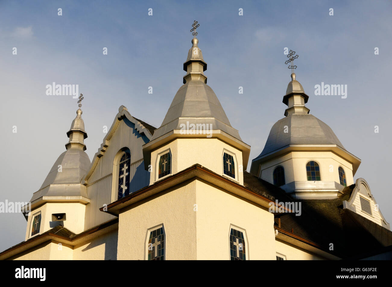 Le guglie della Santissima Trinità ucraino Cattedrale Ortodossa, Mount Pleasant, Vancouver, British Columbia, Canada Foto Stock