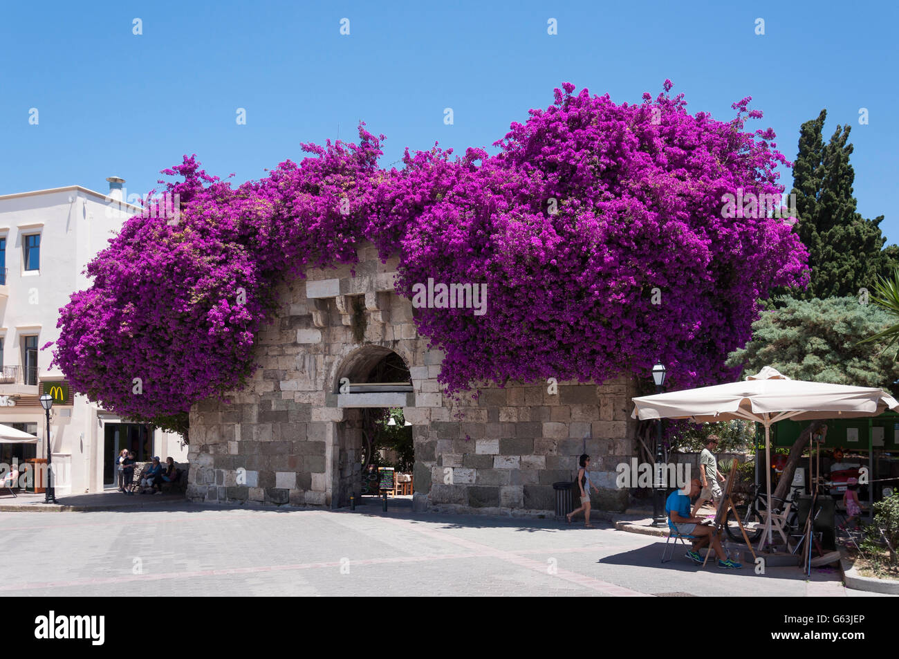 Antica porta Romana, Agora Kazouli Square, la città di Kos, Kos (Cos), del Dodecaneso, Egeo Meridionale Regione, Grecia Foto Stock