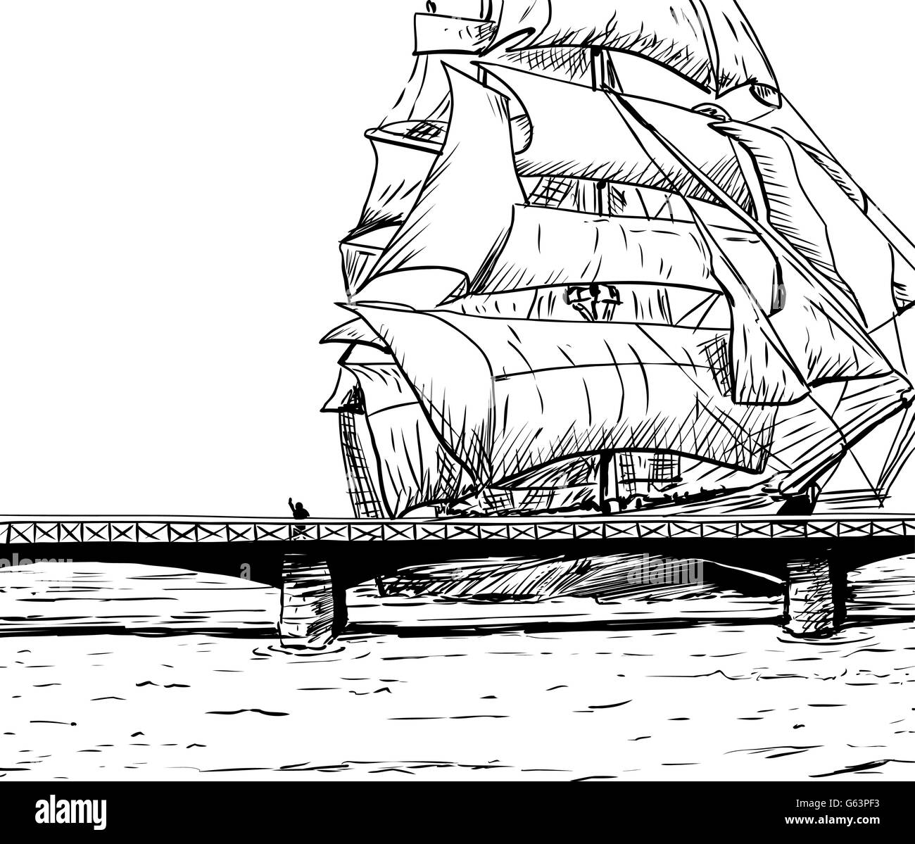 Delineate unico grande clipper nave in movimento vicino al ponte sull acqua Illustrazione Vettoriale
