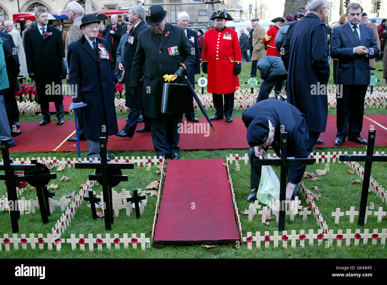I veterani preparano i campi di commemorazione prima della visita della Regina Elisabetta al campo di commemorazione all'Abbazia di Westminster. Foto Stock