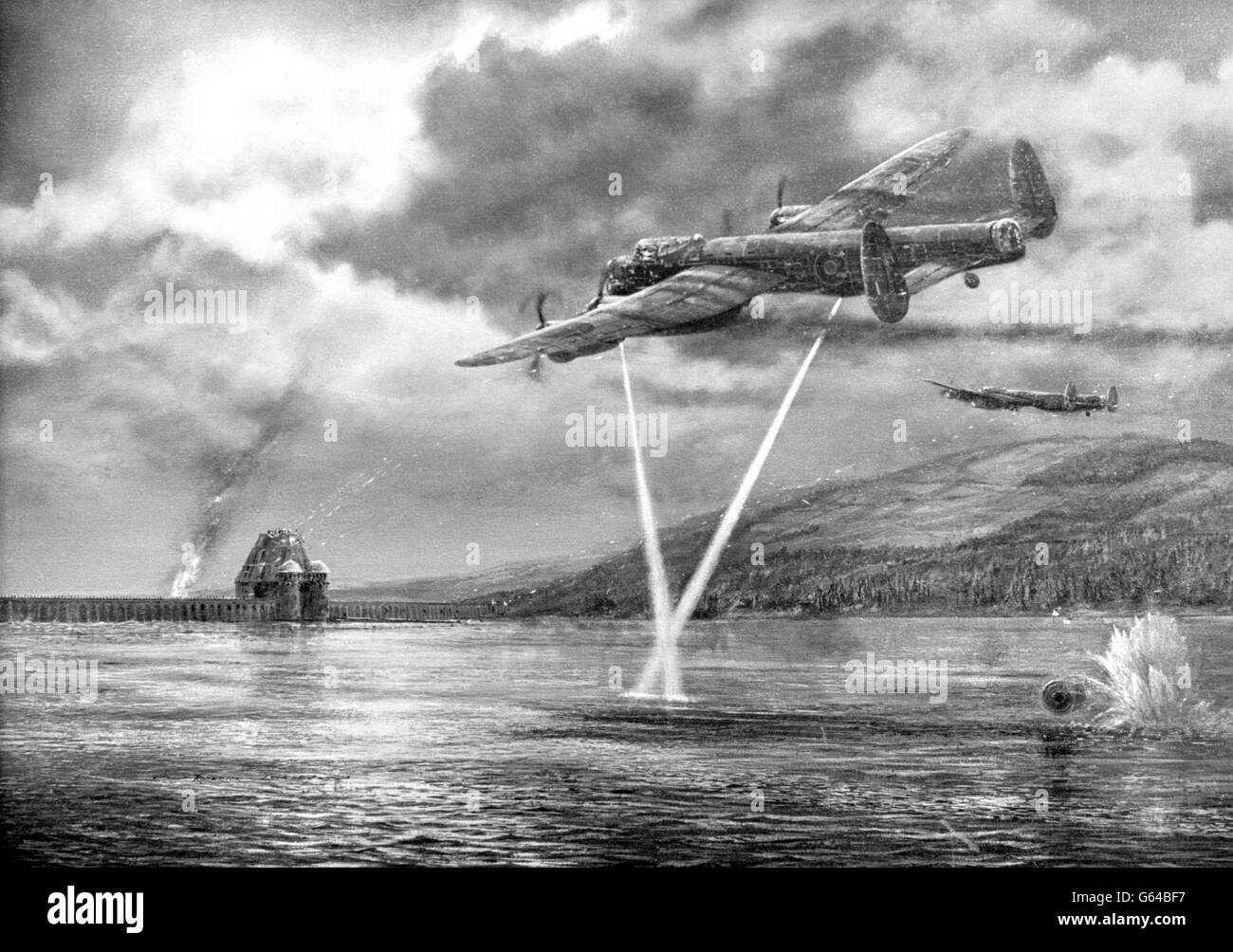 L'impressione di un artista dei bombardieri Lancaster dello Squadron n. 617 della RAF che attaccava la diga di Moehne nella Germania nazista utilizzando una delle bombe rimbalzanti di Barnes Wallis durante la storica incursione dei "Dambosters" del 17 maggio 1943. Oggi a RAF Marham a Norfolk la Regina madre ha presentato un nuovo Standard allo squadrone. Foto Stock