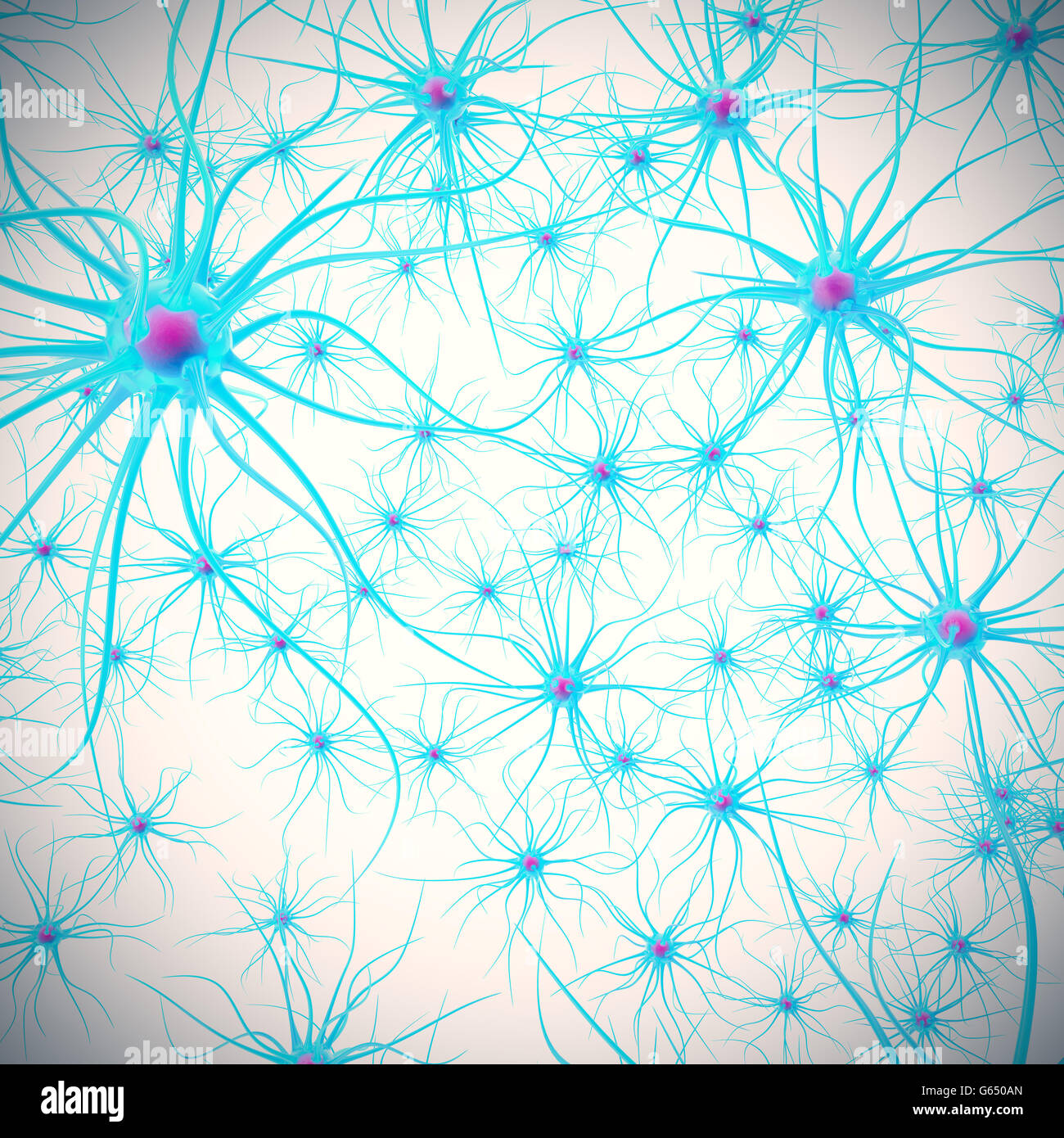 I neuroni nel cervello su sfondo bianco con effetto di messa a fuoco. 3d illustrazione Foto Stock