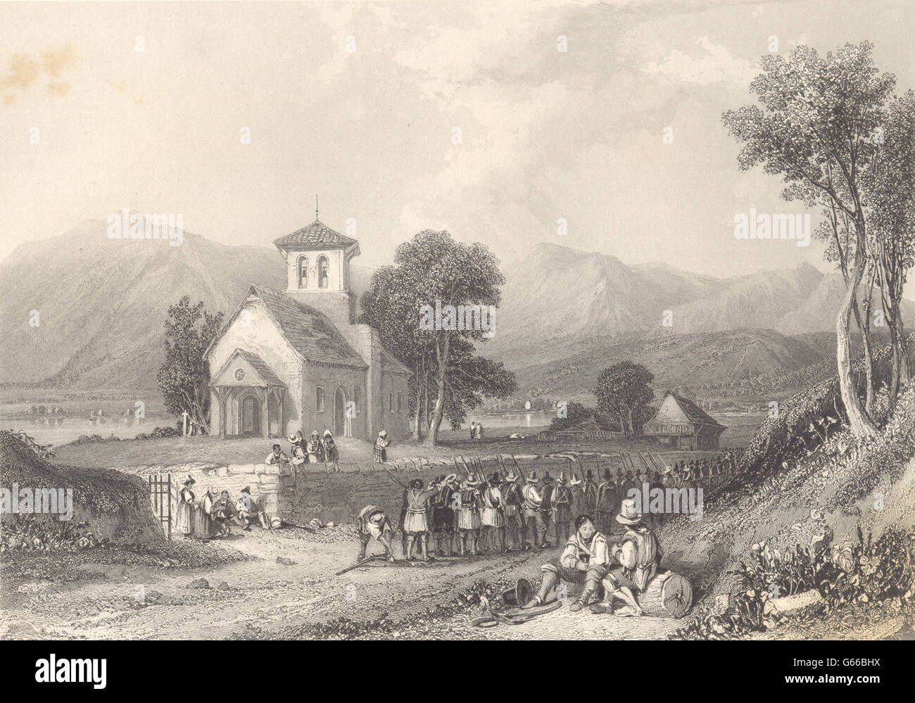 HAUTE-SAVOIE. Vista di Fillinges. Chiesa. Valdesi tornando, antica stampa 1838 Foto Stock