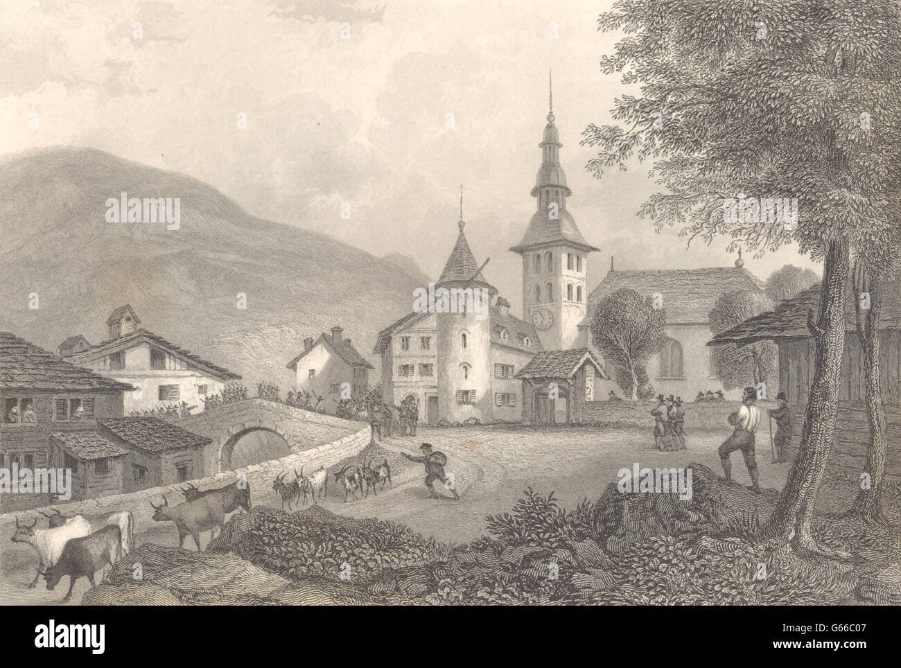 HAUTE-SAVOIE. Vista di Megève. Valdesi tornando a Savoie., antica stampa 1838 Foto Stock