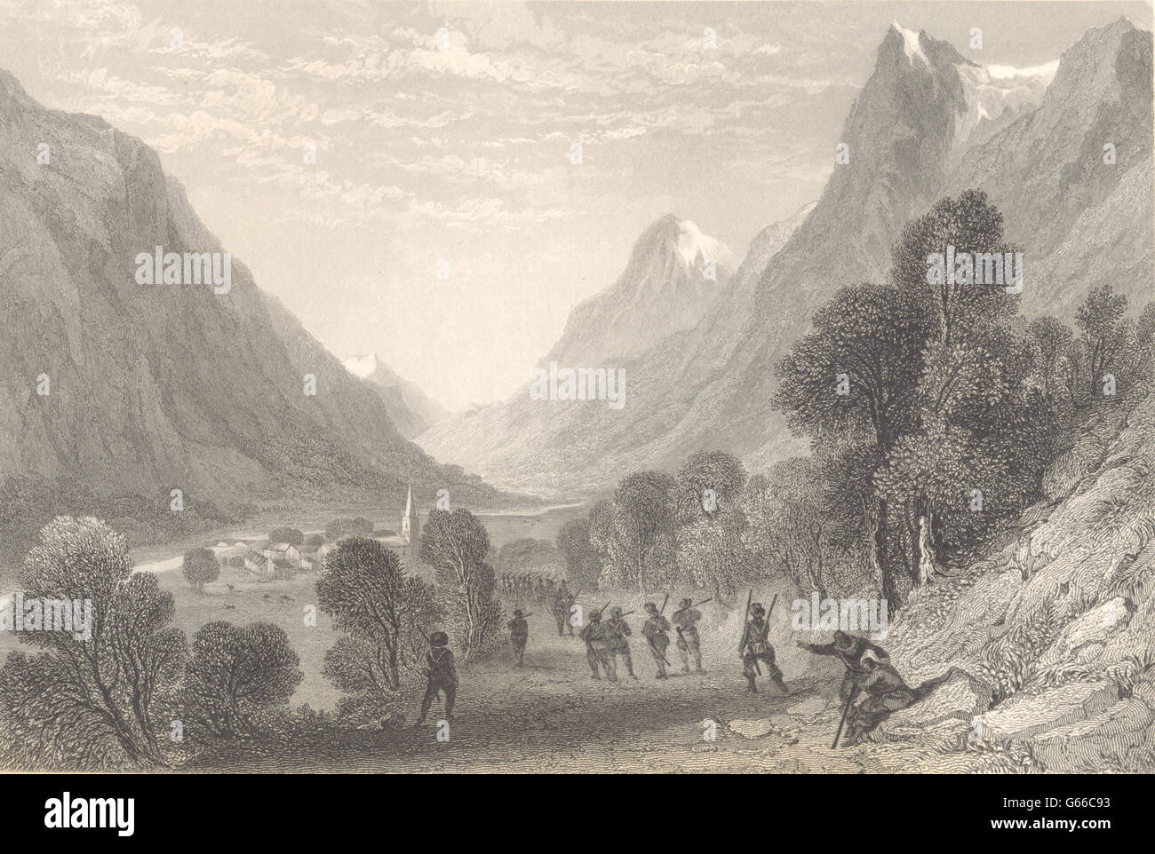 SAVOIE. Bonneval, Valle dell'arco. Soldati, antica stampa 1838 Foto Stock