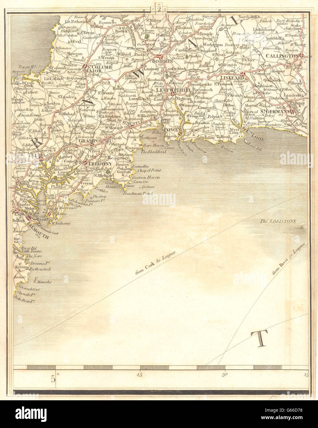 STH CORNWALL:Falmouth Truro Fowey Bodmin Liskeard Looe St Austell.CARY, 1794 Mappa Foto Stock