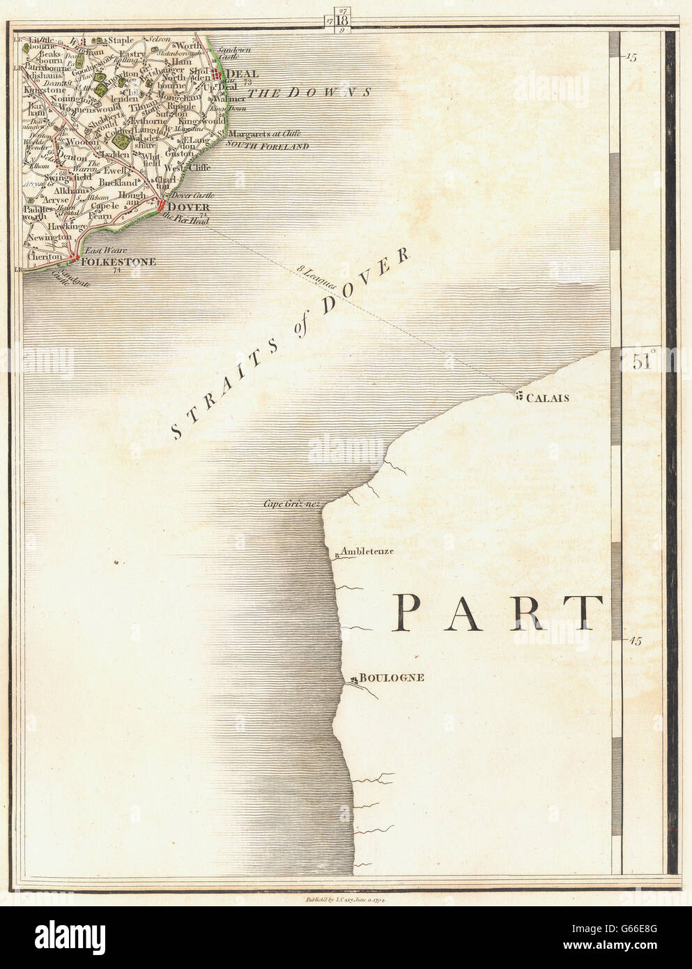 Lo stretto di Dover porti del Canale: Kent trattare Folkestone Calais Boulogne. CARY, 1794 Mappa Foto Stock