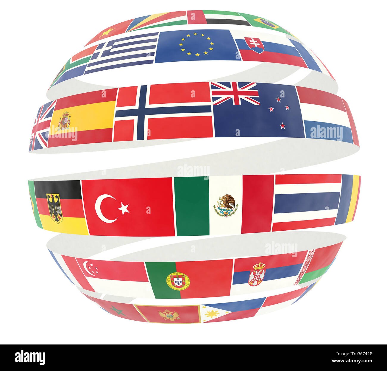 Illustrazione di bandiere nazionali ritorto a spirale come globe Foto Stock