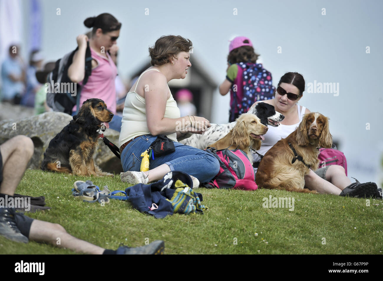 Persone e cani si rilassano al sole durante il terzo giorno del Barbury International Horse Trials al Barbury Castle, Wiltshire. Foto Stock