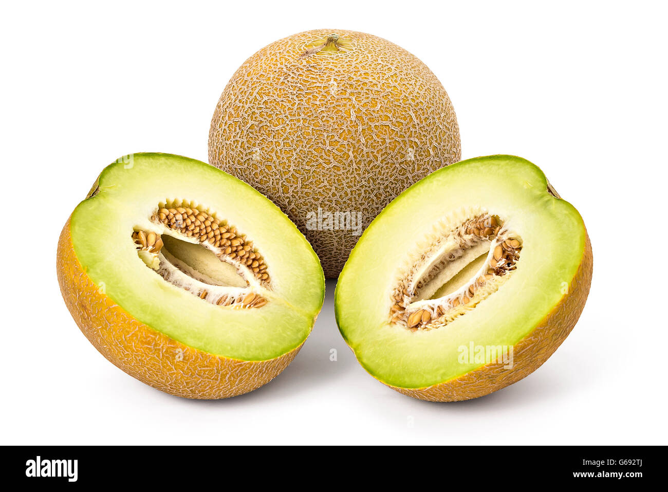 Fresche e mature di melone organico meloni isolati su sfondo bianco Foto Stock