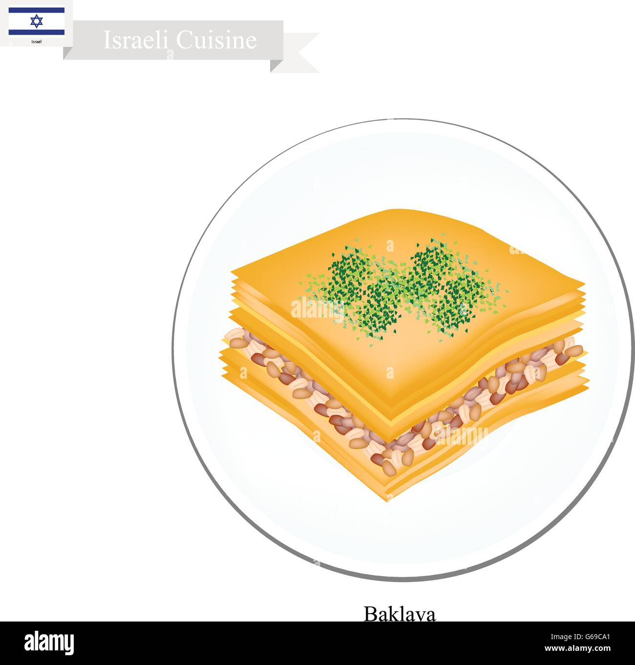Cucina israeliana, baklava o tradizionale di pasta fillo Topping con pistacchio e sciroppo. Uno dei più popolari Dessert in Israele Illustrazione Vettoriale