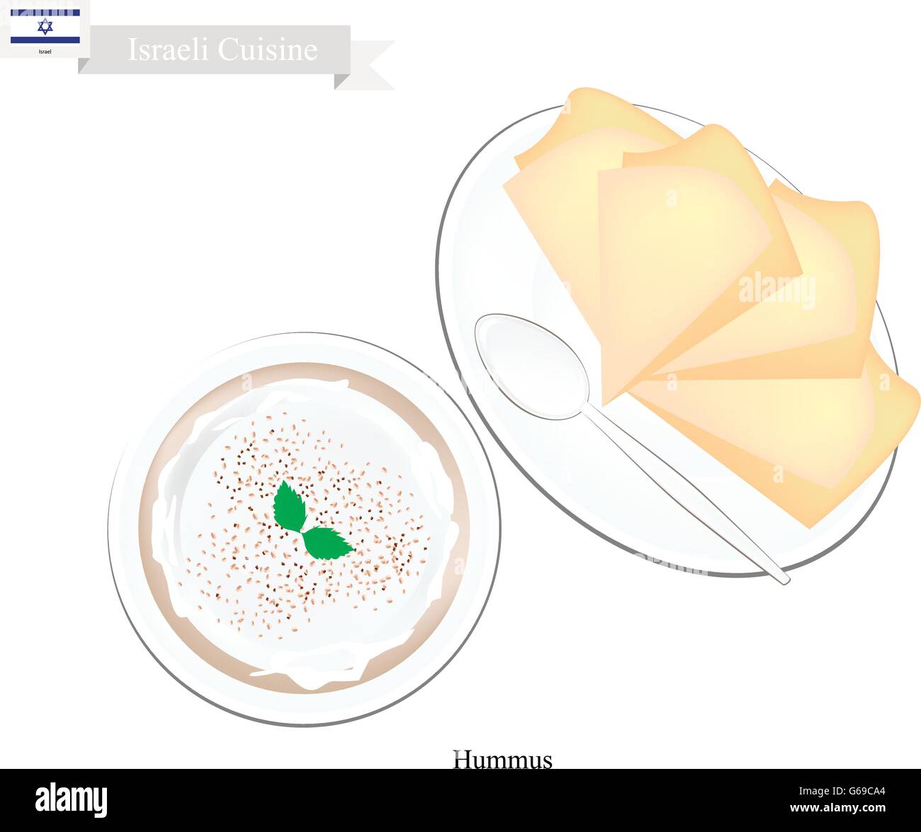 Cucina israeliana, Hummus o diffusione tradizionale di immersione o di diffusione realizzato sotto forma di ceci, Farlic, tahini e olio di oliva. Uno dei più P Illustrazione Vettoriale