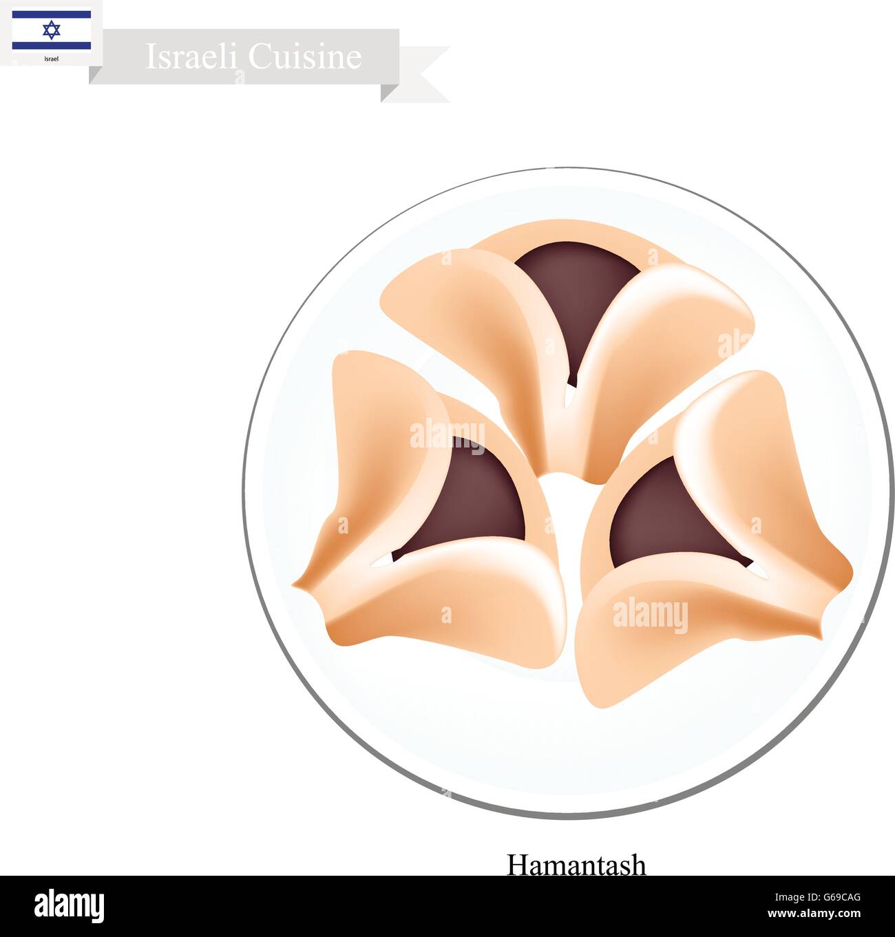 Cucina israeliana, Hamantash o tradizionale triangolare burroso Cookies farcite con marmellata o con semi di papavero per la festa di Purim celebrazione. Uno o Illustrazione Vettoriale