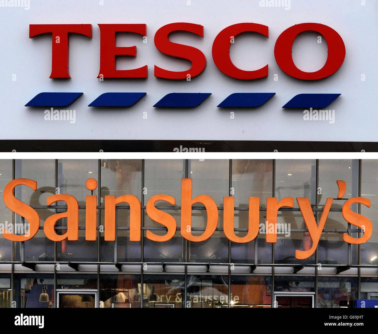 Foto di archivio non inserite dei loghi per Tesco e Sainsbury's. Sainsbury's ha lanciato un nuovo attacco al suo rivale più grande Tesco su una promessa di corrispondenza dei prezzi prima di una imminente sentenza da parte del watchdog pubblicità. Foto Stock