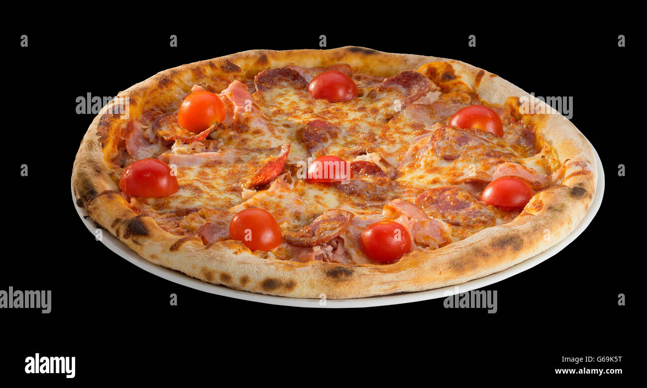 Pizza, pasto, Italiano, salsiccia per pizza pomodoro, fast food, pepe, cipolla, piatto, rosso, Mediterraneo, Margarita, salame, closeup, salsiccia Foto Stock