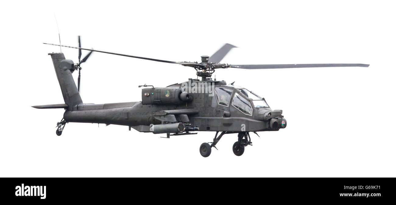 LEEUWARDEN, PAESI BASSI - giu 11, 2016: Boeing AH-64 attacco Apache elicottero volando una demo durante il Royal Netherlands Air Foto Stock