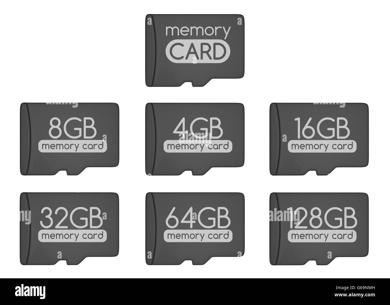 Le schede di memoria MicroSD set. Vista dall'alto. Generico della scheda di memoria e capacità diverse schede. Isolato su bianco. 3D'illustrazione. Foto Stock
