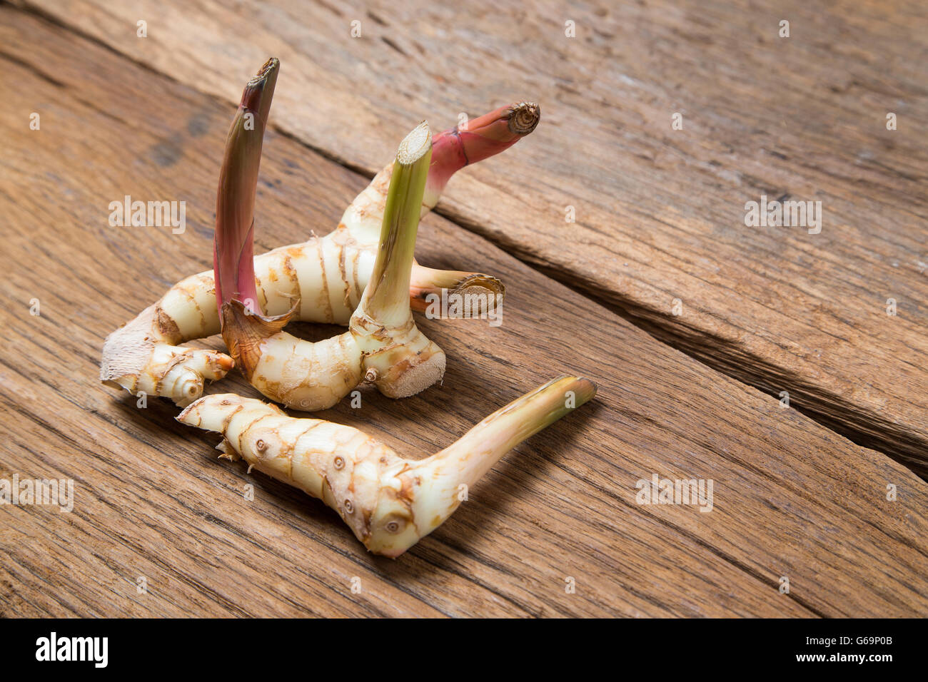 Galangal sulla texture di legno tailandese tradizionale ingrediente alimentare cucina Foto Stock