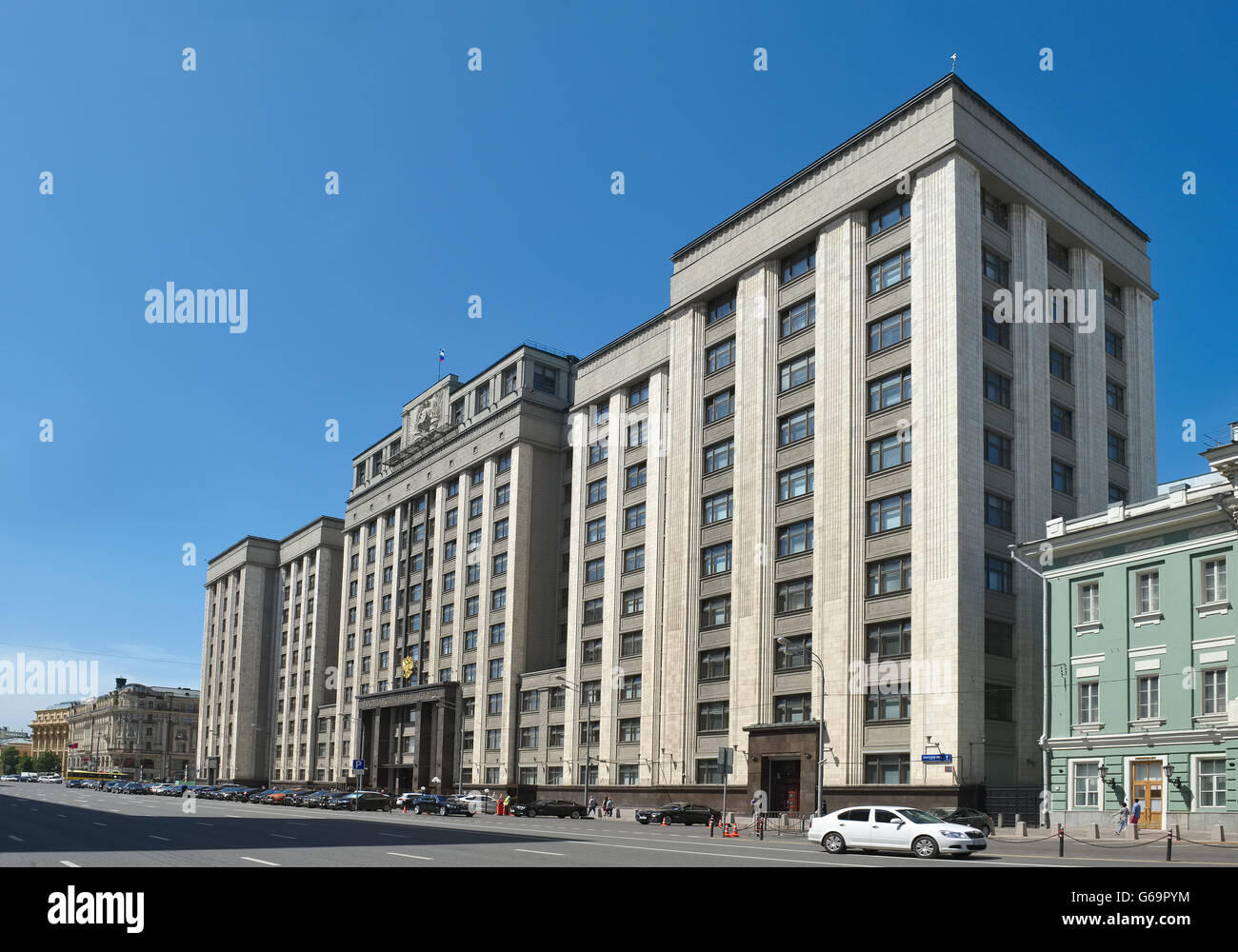 Mosca, ingresso al palazzo della Duma di Stato della Federazione Russa, street Okhotny Ryad, 1 Foto Stock