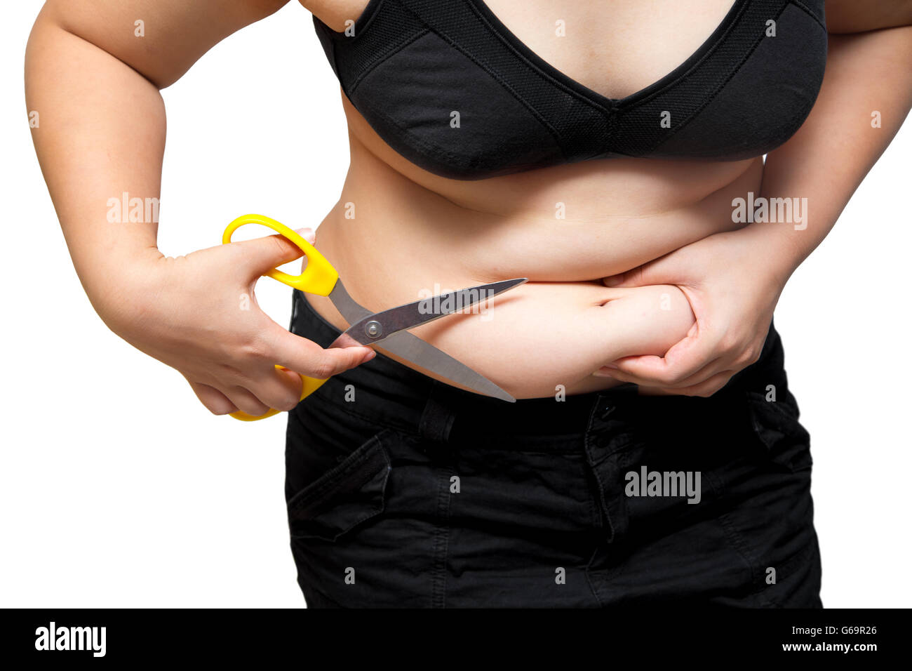 Grasso donna taglia l'obesità pancia e cellulite mediante forbici perdita di peso concept Foto Stock