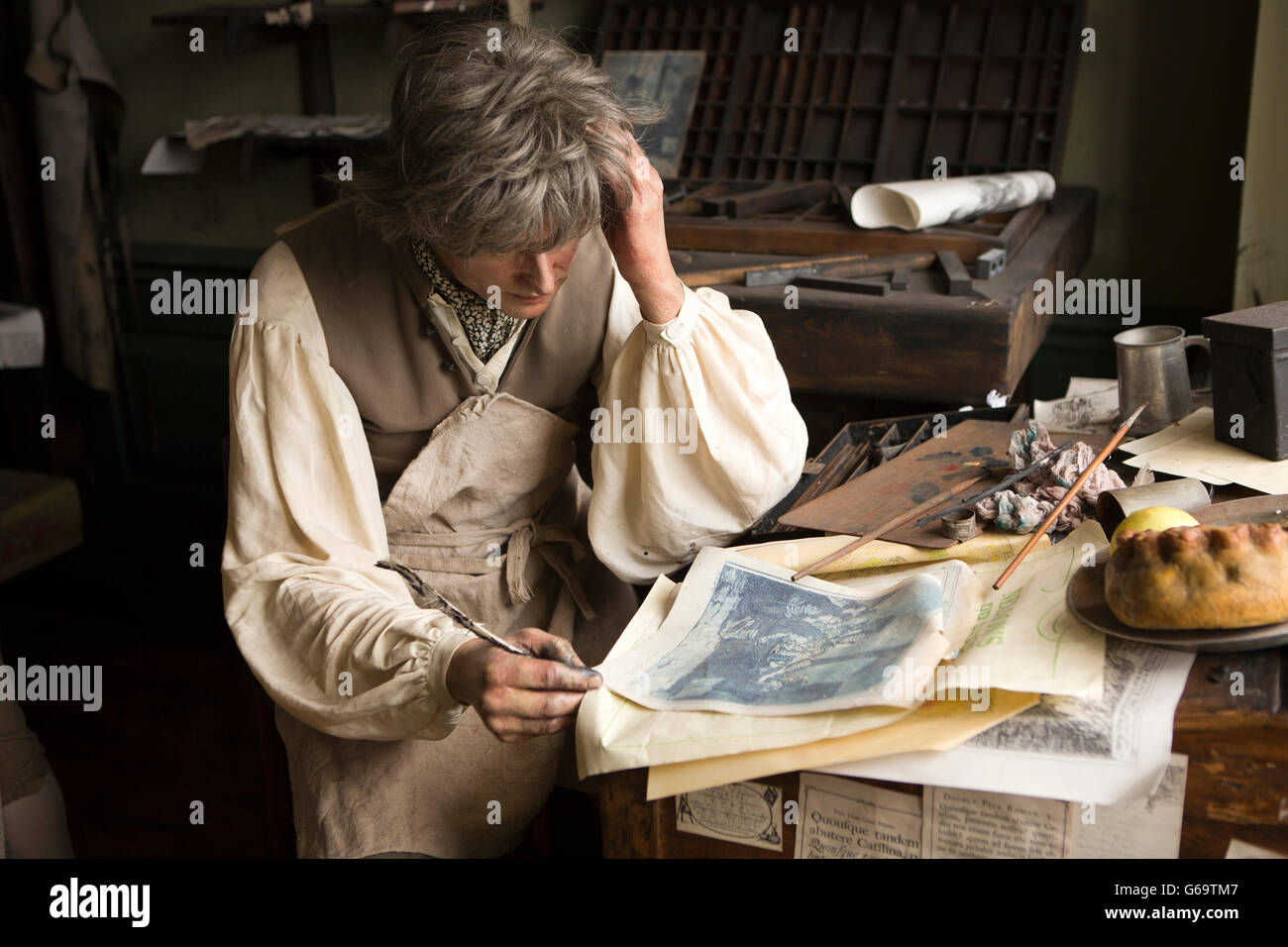 Regno Unito, Inghilterra, nella contea di Durham, Hartlepool Maritime Experience, stampanti shop tableau Foto Stock