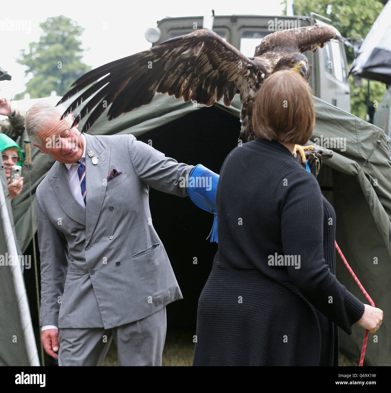 Il Principe del Galles detiene un'aquila calva chiamata Zephyr durante una visita al 132° spettacolo di fiori di Sandringham alla Sandringham House di Norfolk. Foto Stock